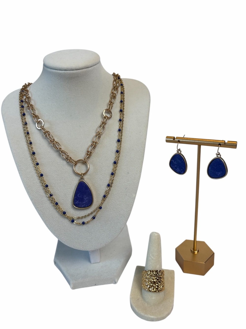 Goldtone Double Chain Necklace with a Blue Glass Pendant by Plunder Design - Picture 11 of 11